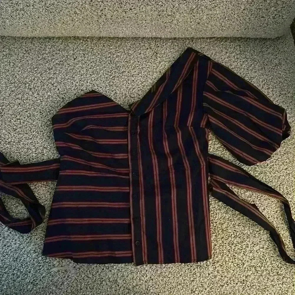 Topshop Women's Blue/Pink Stripe One Shoulder Puff Sleeve Top Size 8 Tie Waist